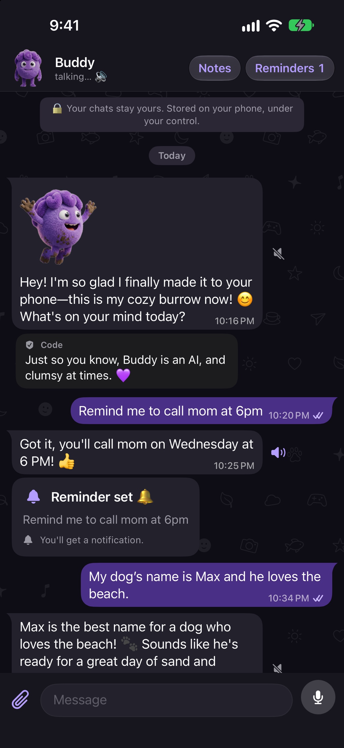 A chat with Buddy: he greets you, sets a reminder to call mom at 6pm, and remembers your dog's name is Max