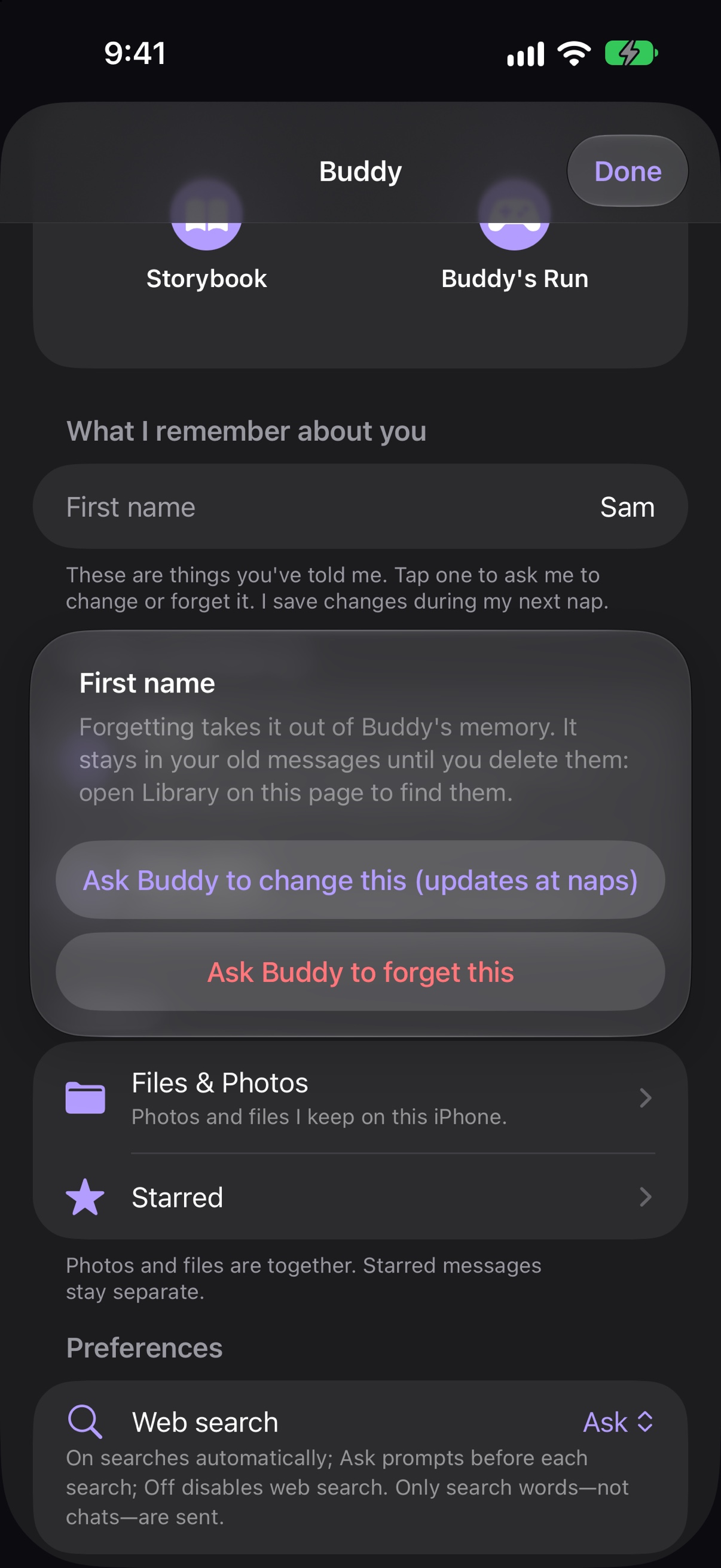 Buddy's memory screen showing what he remembers about you, with options to change or forget each item