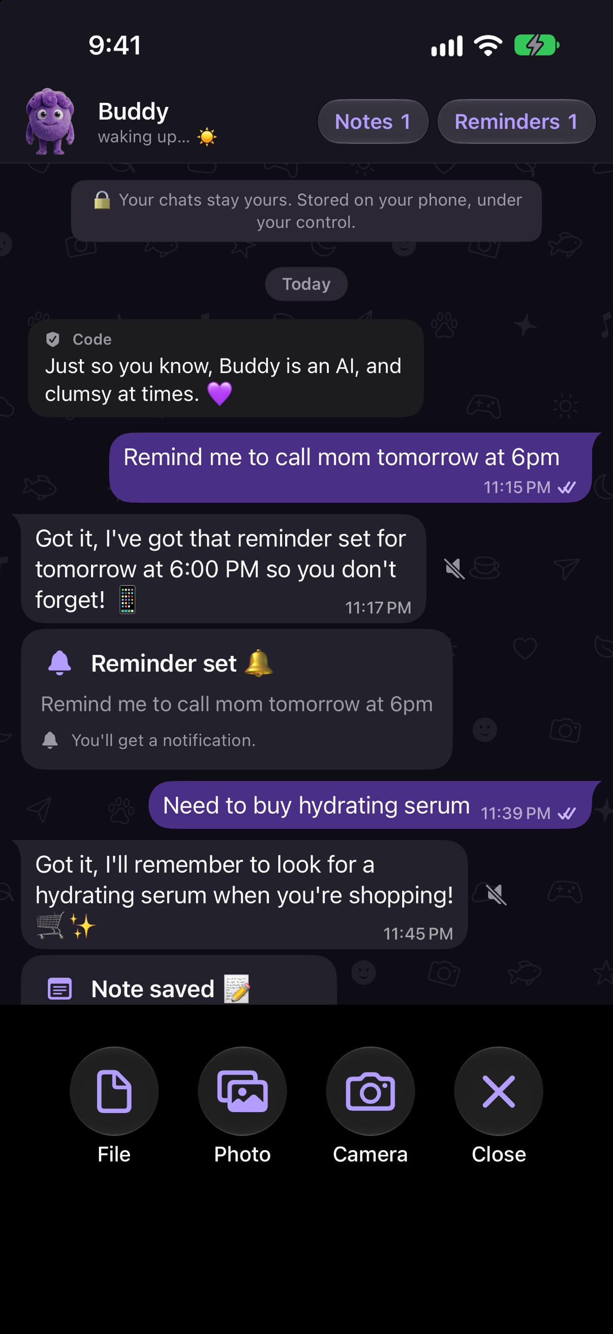 Buddy saving a reminder and a note, with a Reminder set confirmation card