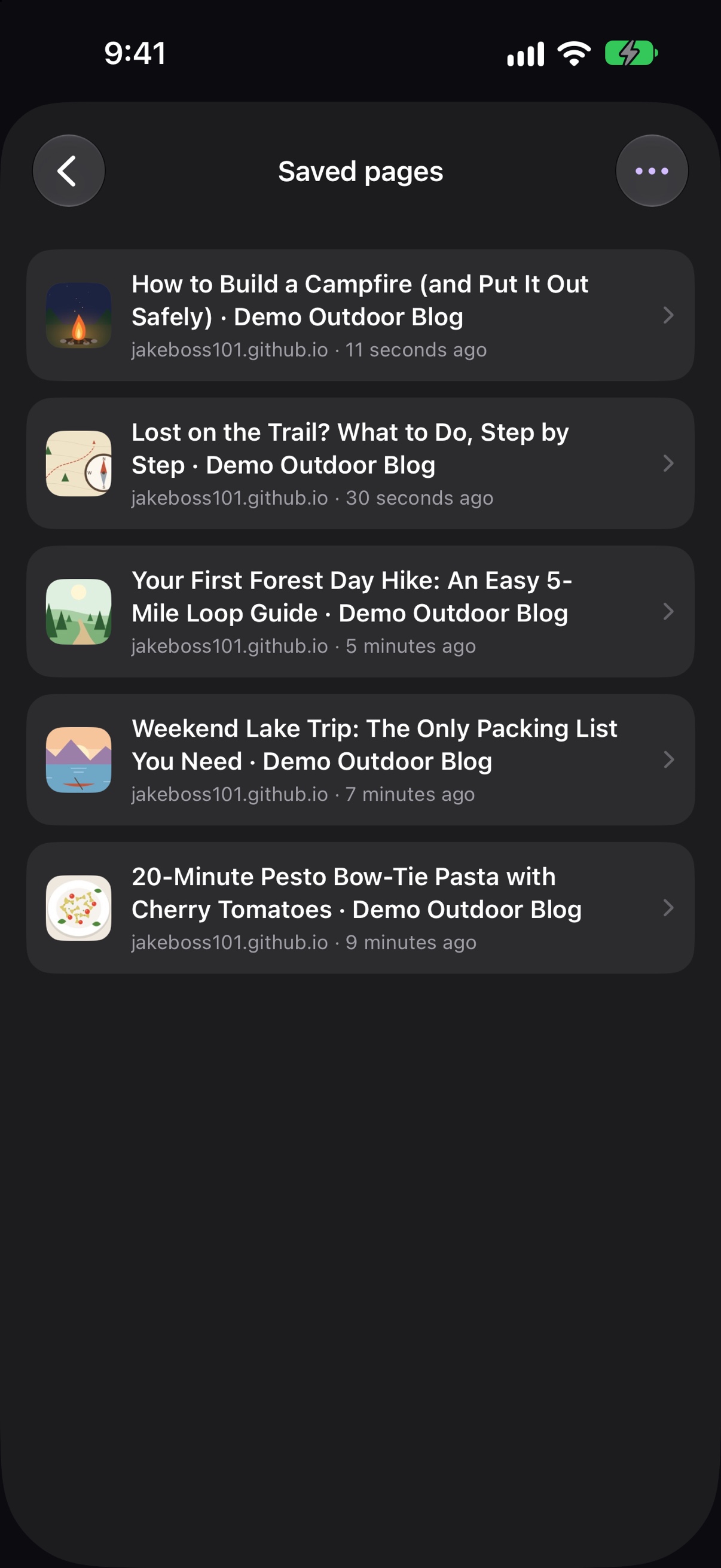 Buddy's Saved pages list showing five articles saved from a blog, each with a thumbnail and how long ago it was saved