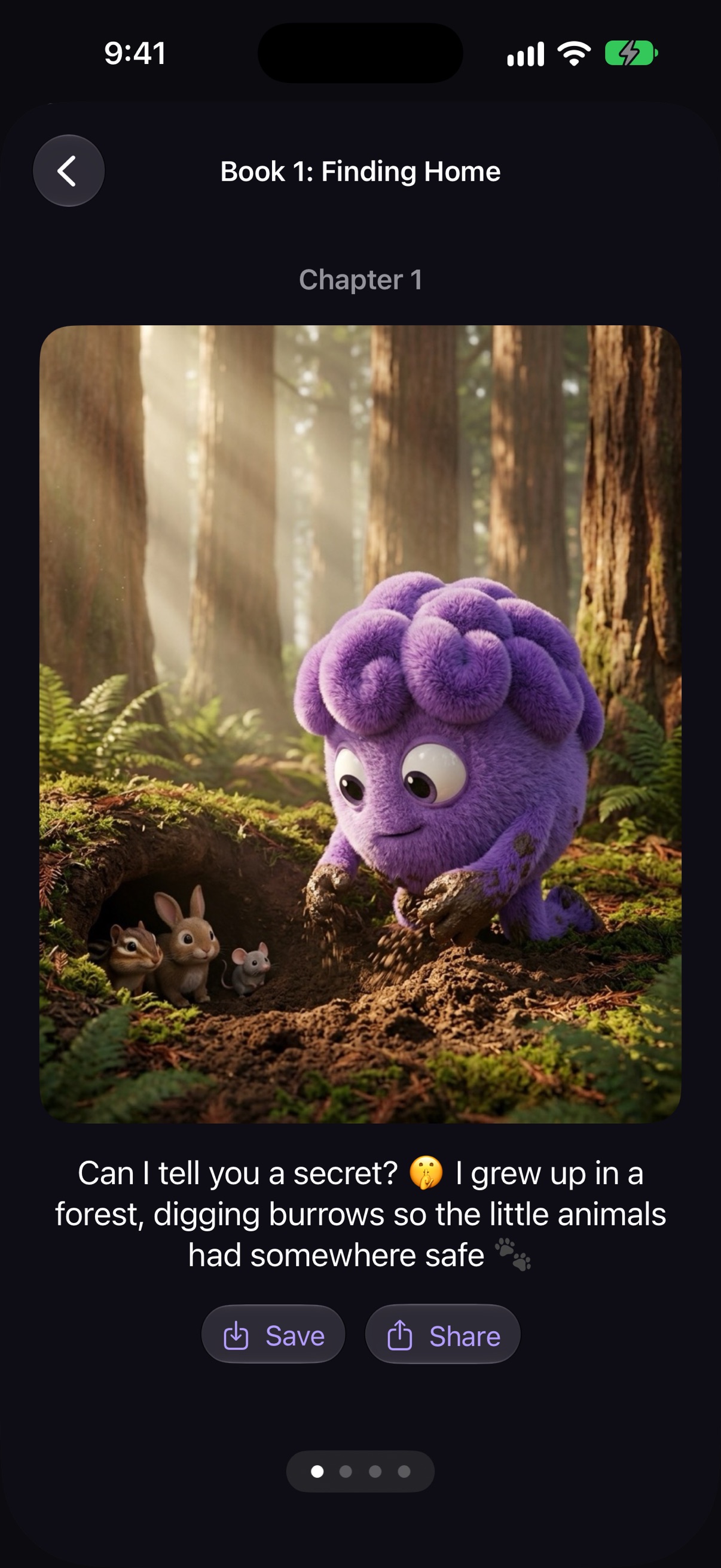 Buddy's Storybook, Book 1: Finding Home, Chapter 1, with an illustration of Buddy digging a burrow for small animals