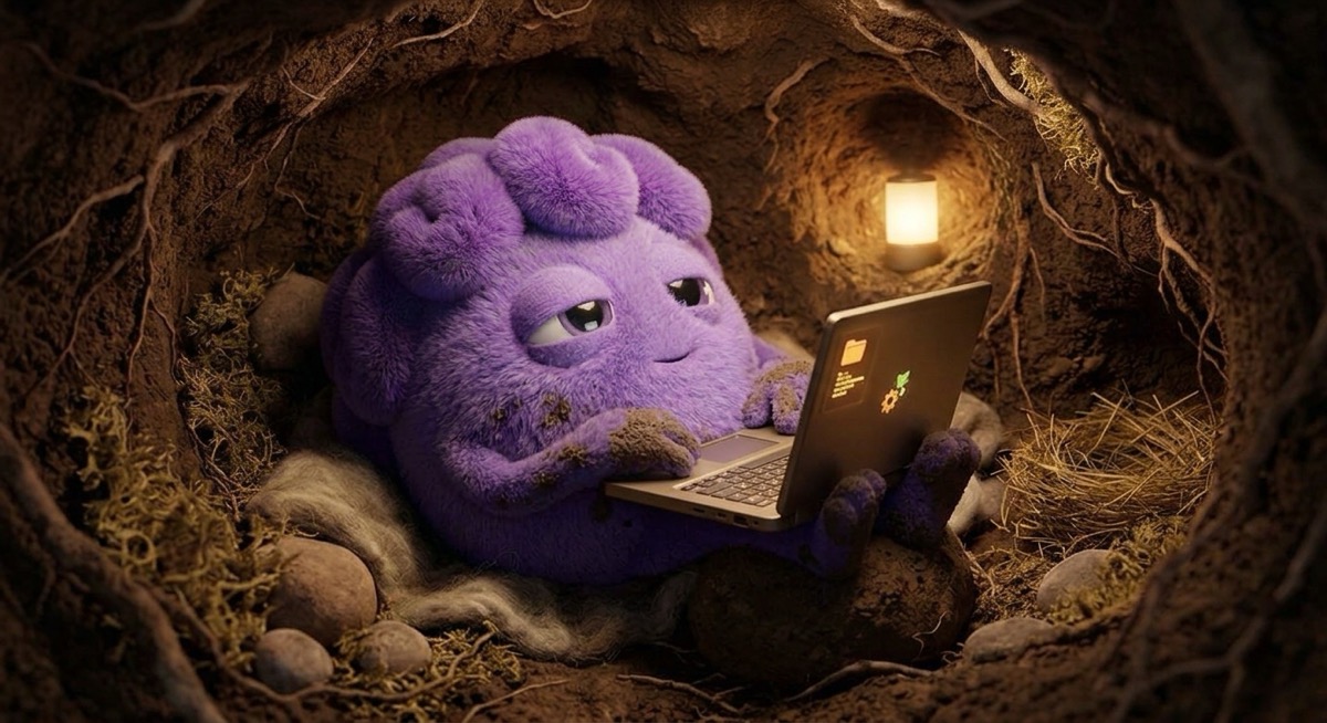 Buddy curled up in his burrow, lit by a small lamp, typing on a laptop
