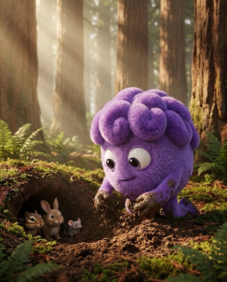 Buddy digging a burrow in a sunlit forest while a chipmunk, a rabbit and a mouse watch from the entrance