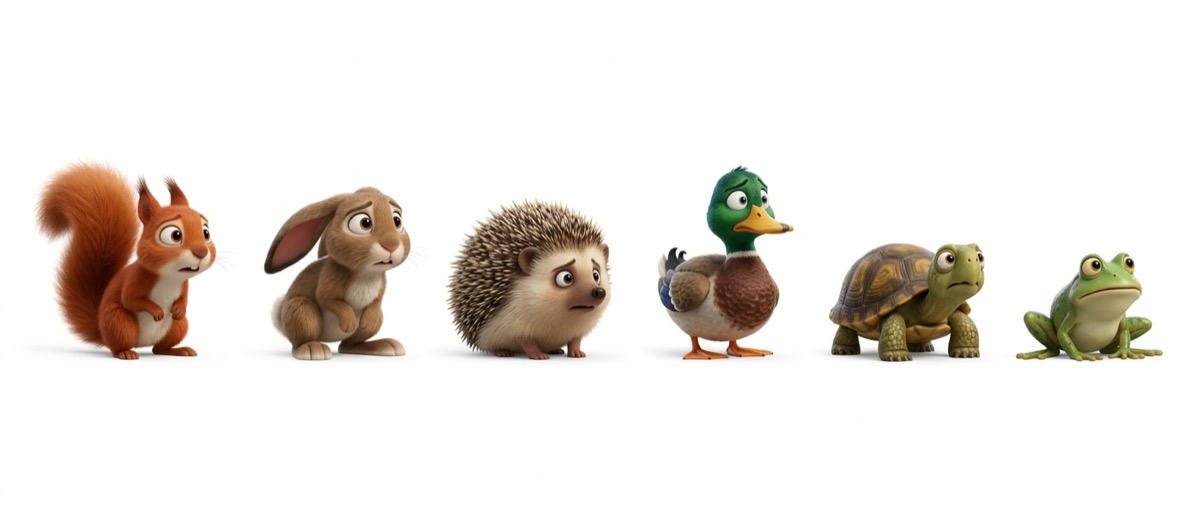 A squirrel, a rabbit, a hedgehog, a duck, a tortoise and a frog standing in a row