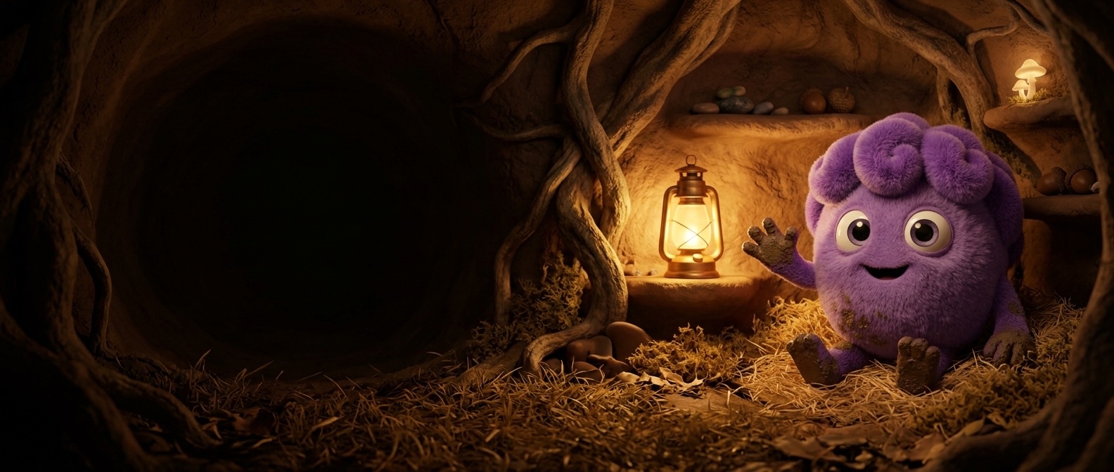Buddy, a fuzzy purple creature, sitting on straw in a lantern-lit burrow at night and waving