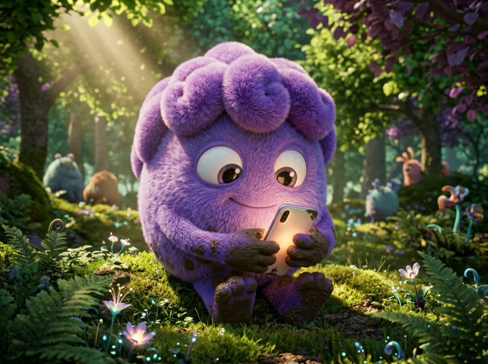 Buddy sitting in a sunlit forest holding a glowing phone and smiling